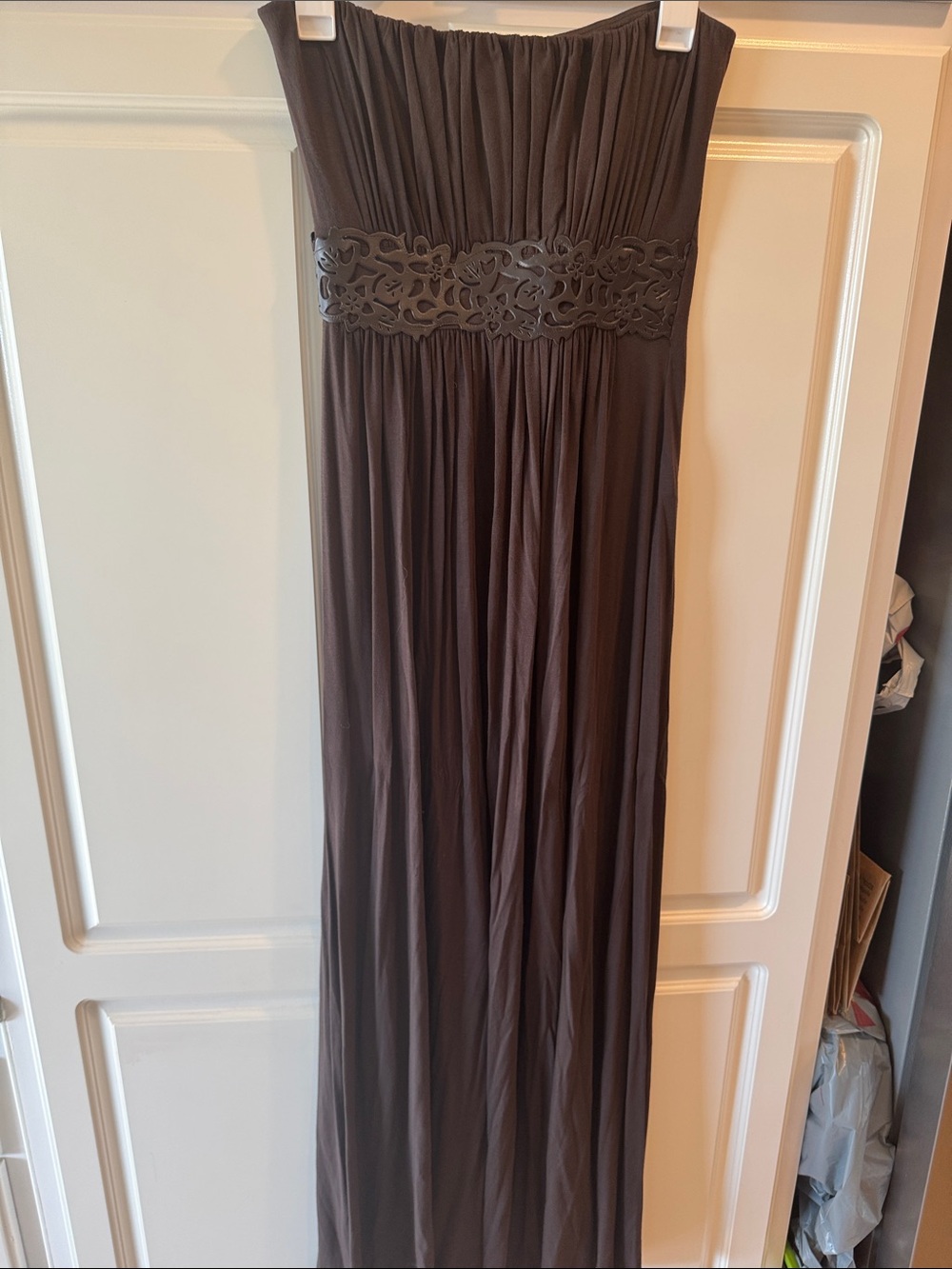 Lucy in the Sky Strapless Brown Maxi Dress with Laser-Cut Waist Band
